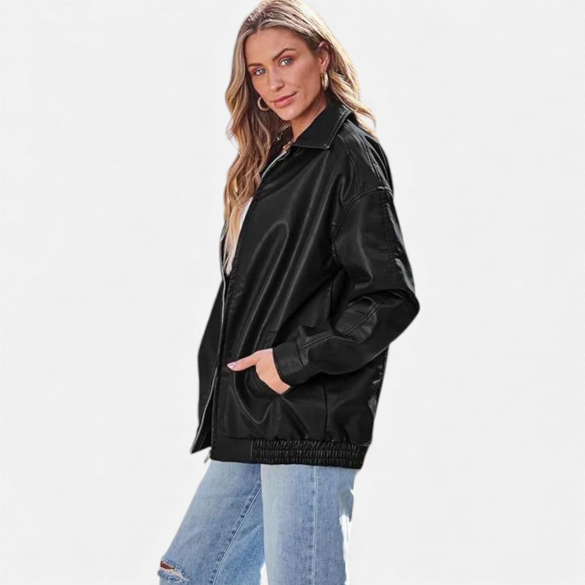 Valmonti | Women’s Leather Overcoat – Classic Lapel Moto-Style Coat