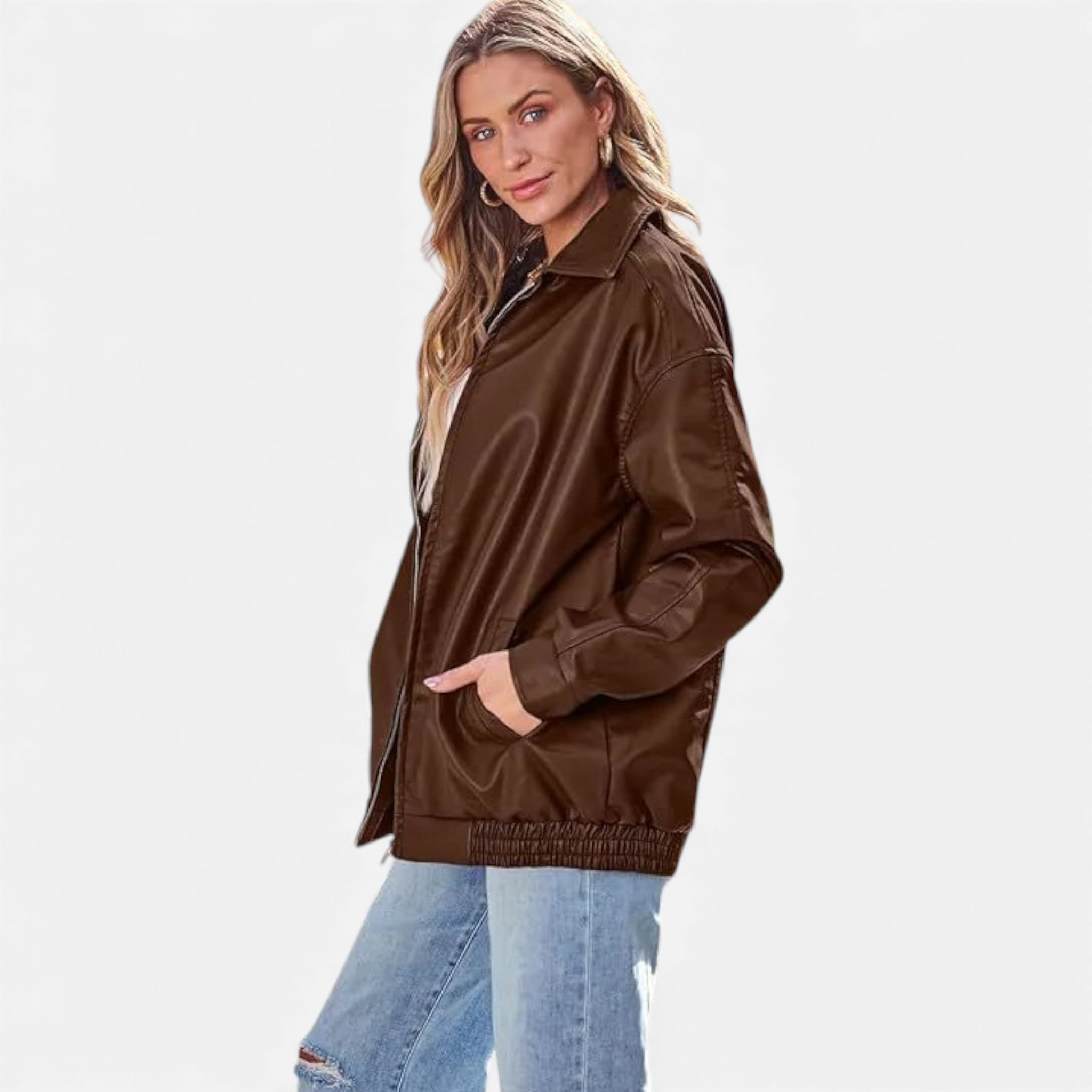 Valmonti | Women’s Leather Overcoat – Classic Lapel Moto-Style Coat