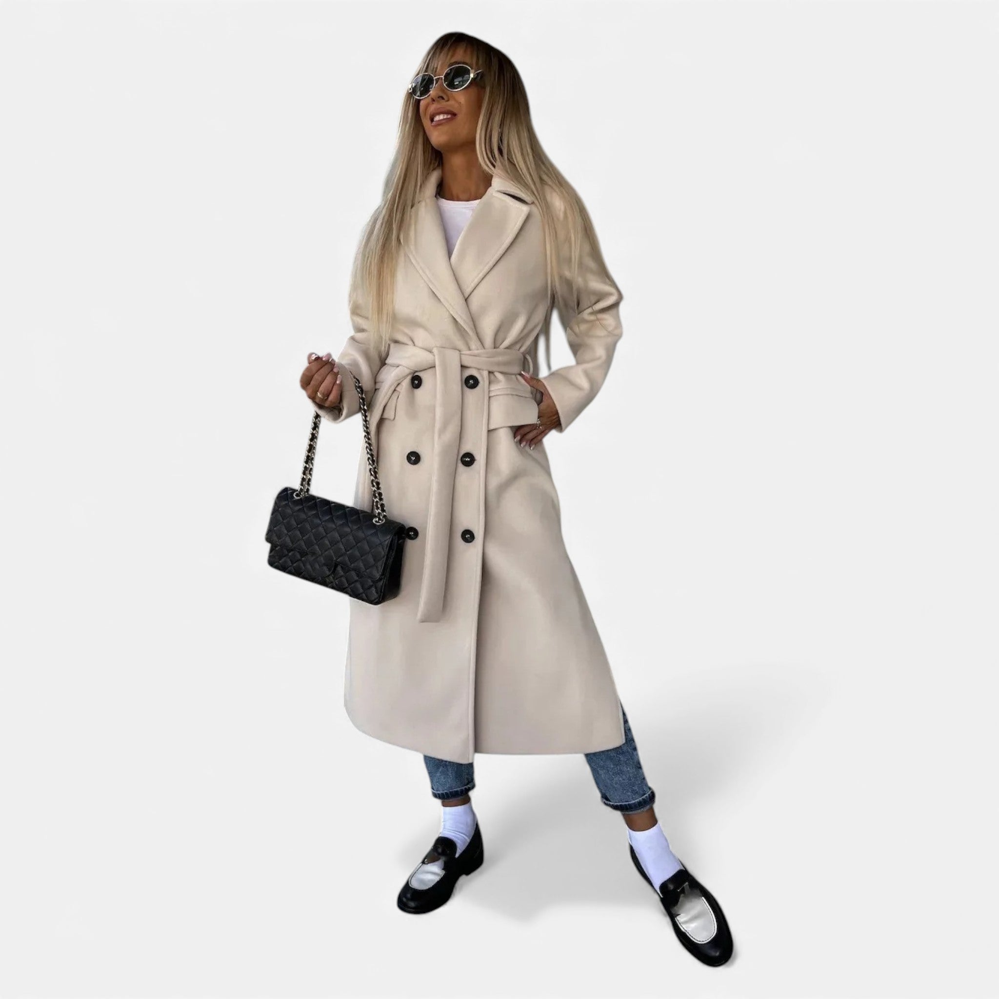 Valmonti | Women’s Belted Lapel Coat – Classic Mid-Length Overcoat