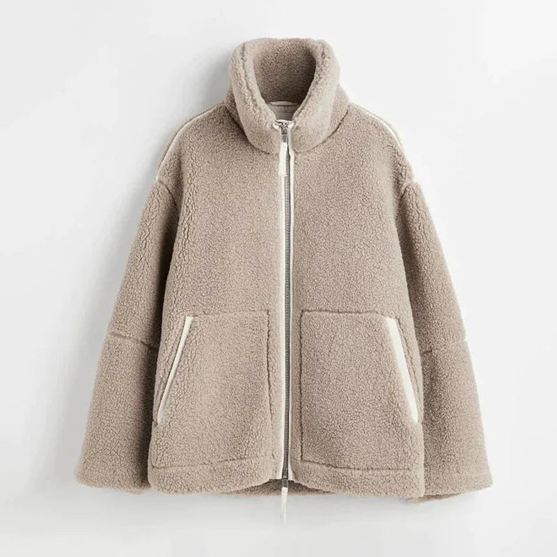 Jachetă supradimensionată din fleece teddy pentru femei, cu fermoar, guler înalt și buzunare aplicate - jachetă exterioară casual, confortabilă, pentru iarnă