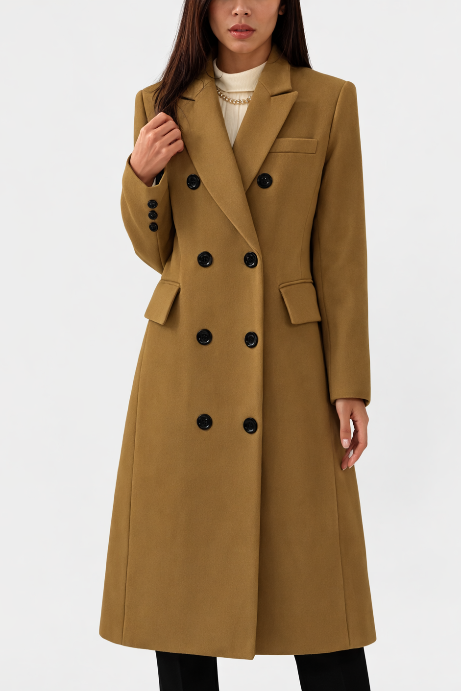 Women’s Double-Breasted Long Coat – Tailored Midi Outerwear for Office and Smart Casual Wear