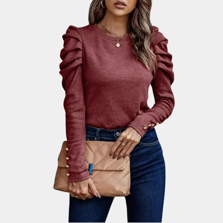 Women’s Puff-Sleeve Sweater – Slim-Fit Crew-Neck Knit Top with Gathered Shoulders for Smart Casual Wear