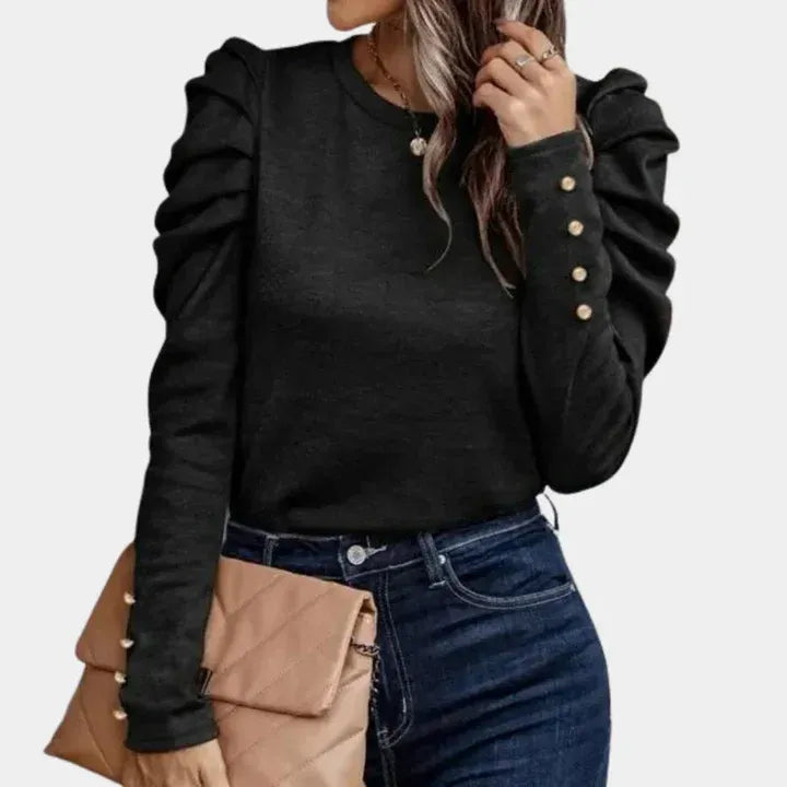 Women’s Puff-Sleeve Sweater – Slim-Fit Crew-Neck Knit Top with Gathered Shoulders for Smart Casual Wear