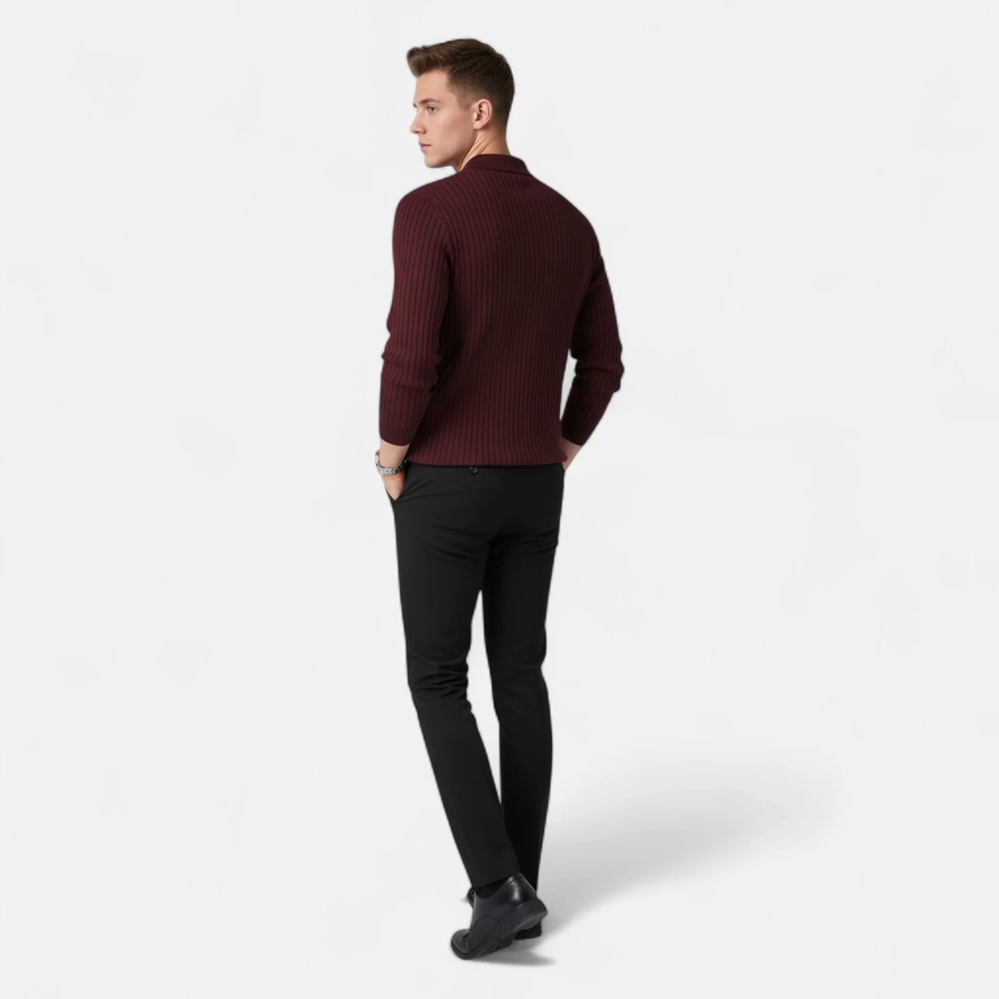 Polo da uomo a maniche lunghe in maglia a coste – Raffinato modello con colletto per un look smart casual