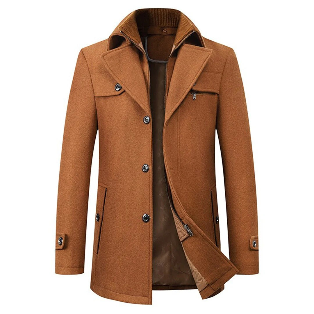 Men’s Wool Winter Coat – Stand-Collar Button-Front Overcoat with Zip Closure and Utility Pockets for Cold-Weather Wear