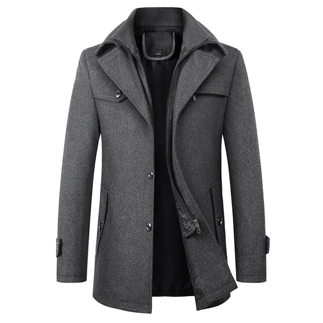 Men’s Wool Winter Coat – Stand-Collar Button-Front Overcoat with Zip Closure and Utility Pockets for Cold-Weather Wear