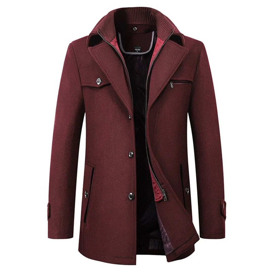Men’s Wool Winter Coat – Stand-Collar Button-Front Overcoat with Zip Closure and Utility Pockets for Cold-Weather Wear