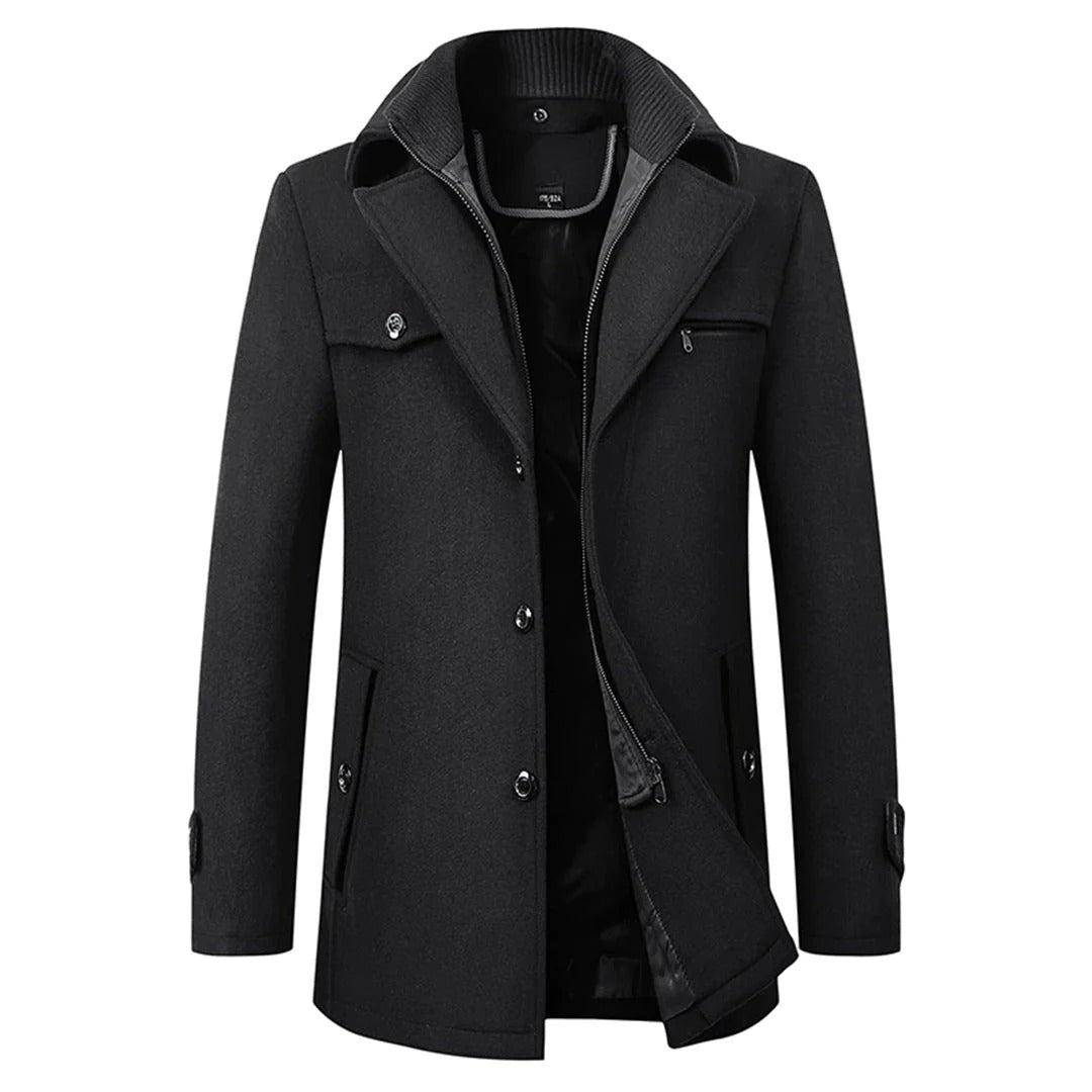 Men’s Wool Winter Coat – Stand-Collar Button-Front Overcoat with Zip Closure and Utility Pockets for Cold-Weather Wear