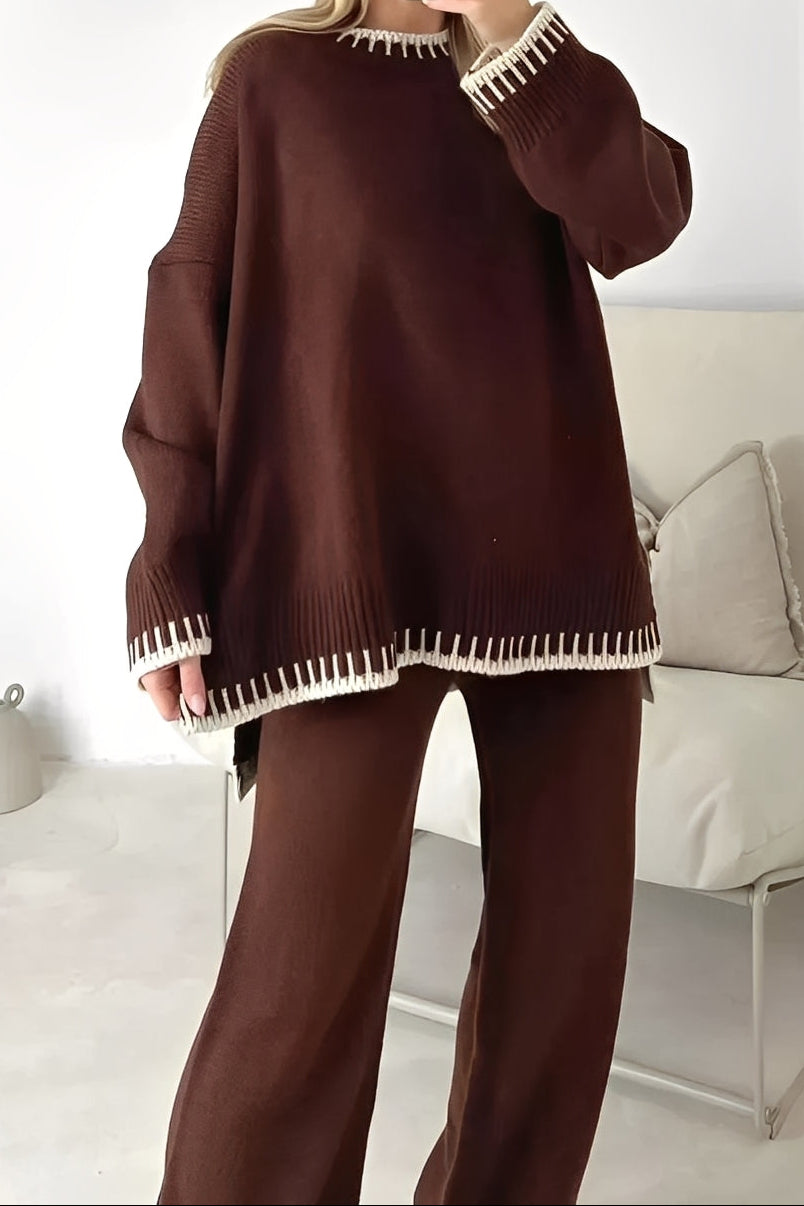 Ensemble pour femme composé d’un pull en maille et d’un pantalon à jambes larges, avec finitions côtelées contrastantes – Tenue d’intérieur deux pièces à coupe décontractée pour un confort quotidien
