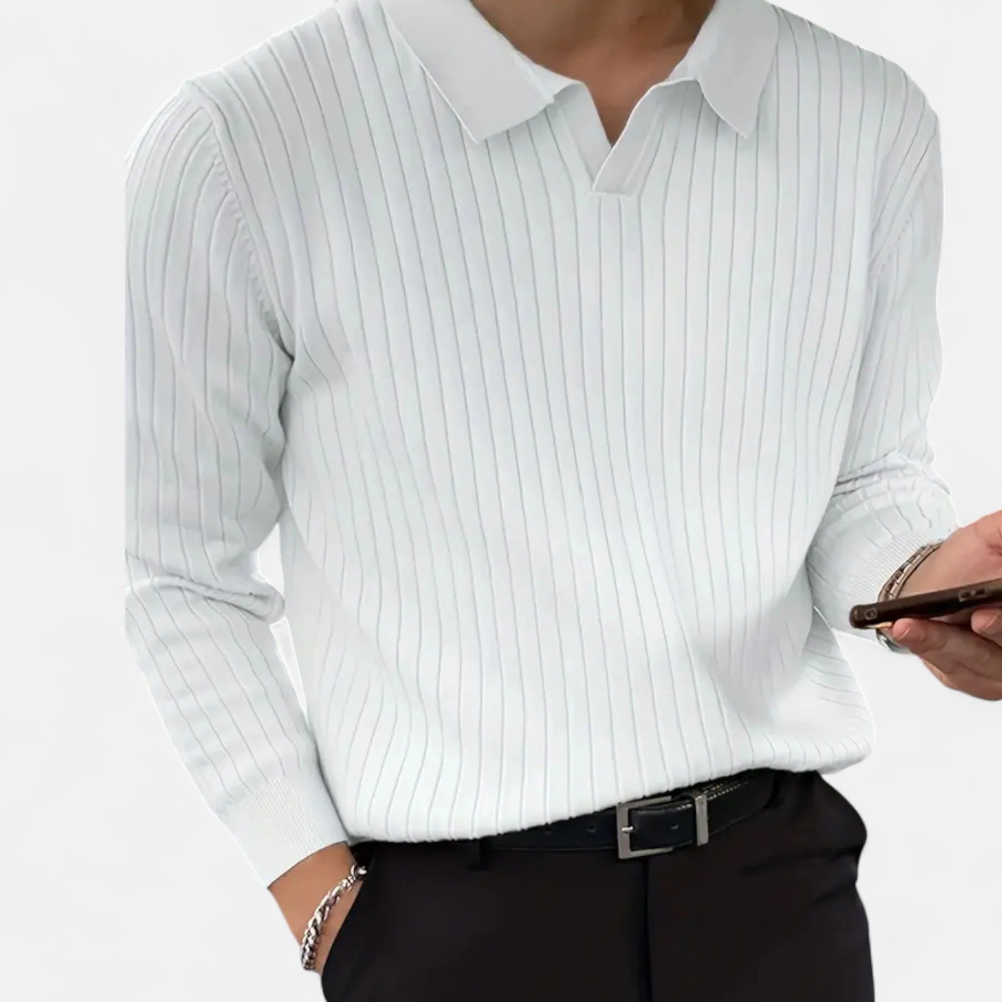 Polo da uomo a maniche lunghe in maglia a coste – Raffinato modello con colletto per un look smart casual