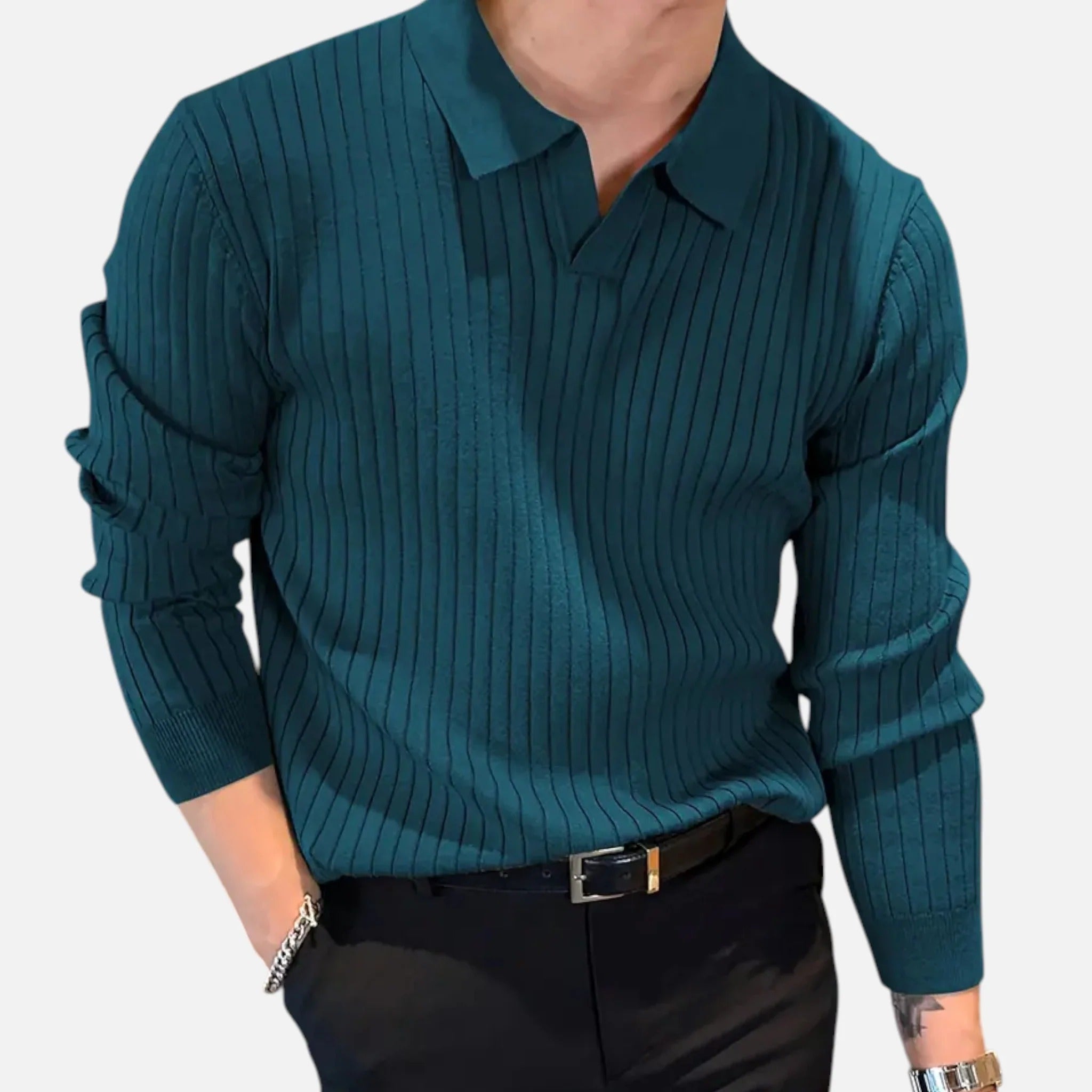Polo da uomo a maniche lunghe in maglia a coste – Raffinato modello con colletto per un look smart casual