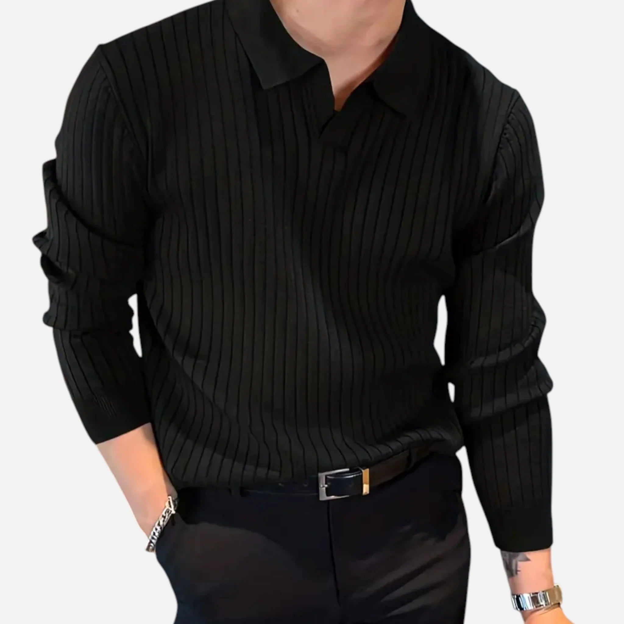 Polo da uomo a maniche lunghe in maglia a coste – Raffinato modello con colletto per un look smart casual