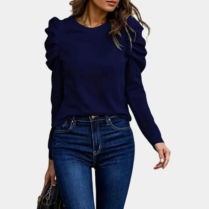 Women’s Puff-Sleeve Sweater – Slim-Fit Crew-Neck Knit Top with Gathered Shoulders for Smart Casual Wear