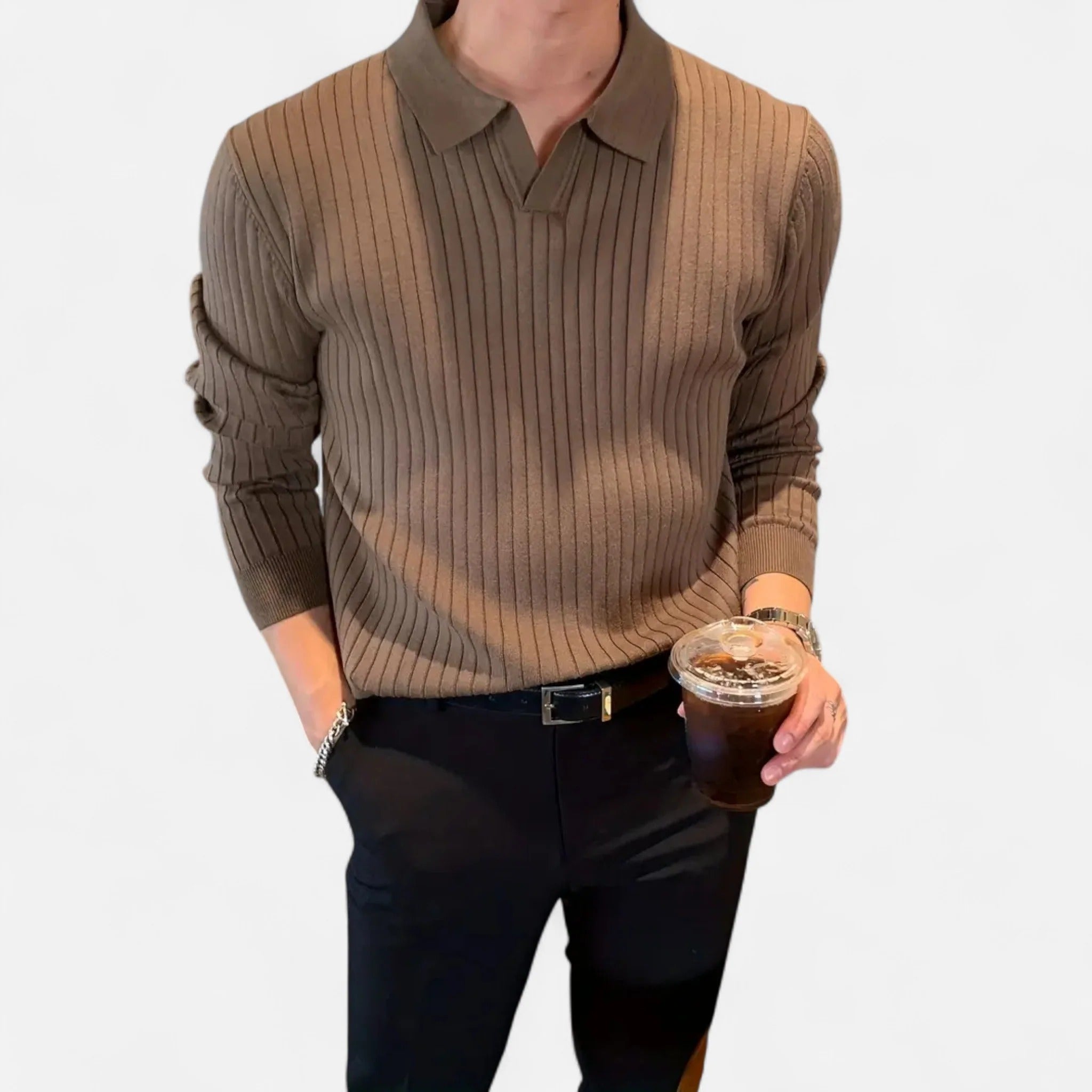 Polo da uomo a maniche lunghe in maglia a coste – Raffinato modello con colletto per un look smart casual