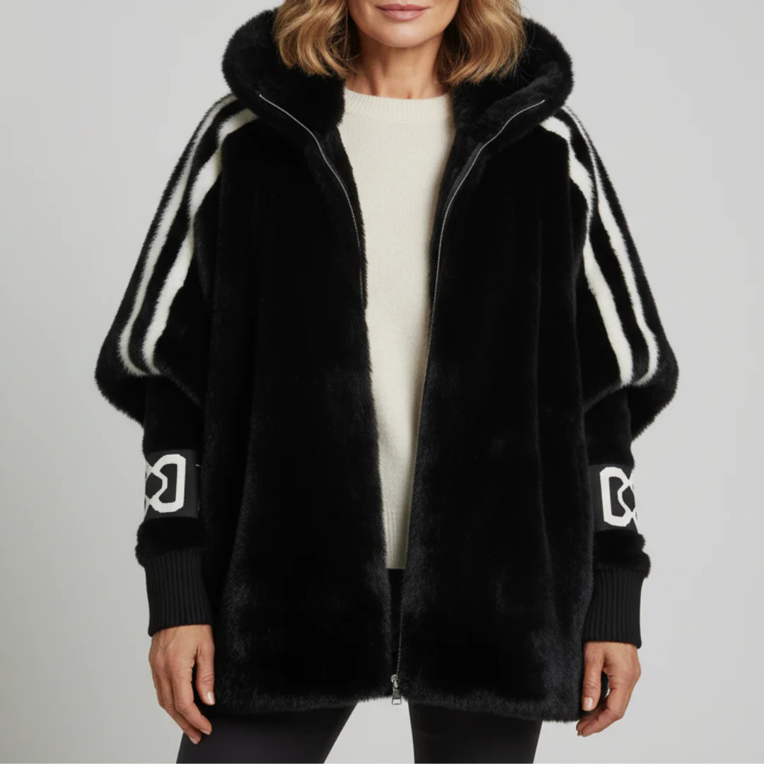 Oversized vinterjakke i blød kunstpels til kvinder med kontrasterende strikærmer og høj krave – hyggelig teddyfrakke med lang pasform, lynlåslukning og afslappet pasform til afslappet streetwear og lag-på-lag i efteråret og vinteren
