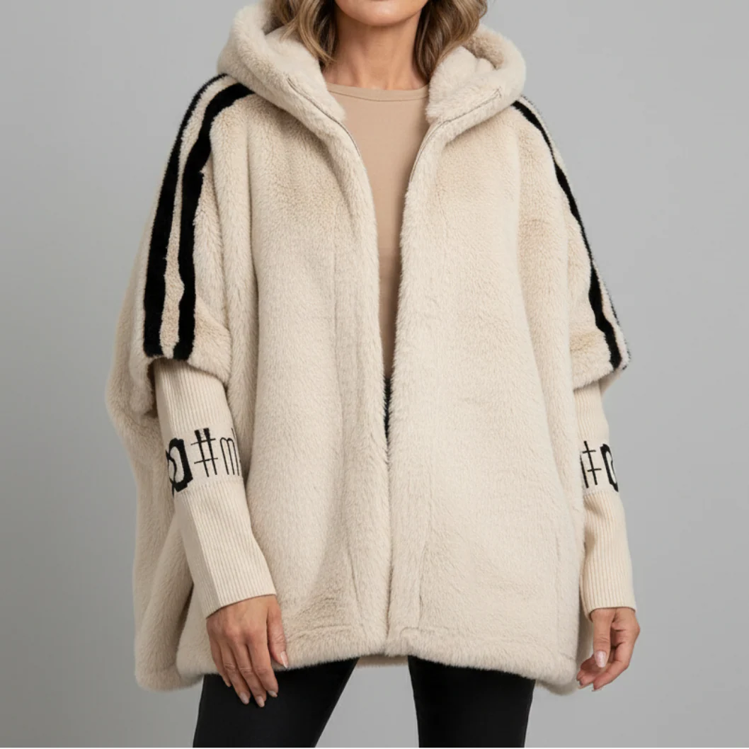 Oversized vinterjakke i blød kunstpels til kvinder med kontrasterende strikærmer og høj krave – hyggelig teddyfrakke med lang pasform, lynlåslukning og afslappet pasform til afslappet streetwear og lag-på-lag i efteråret og vinteren