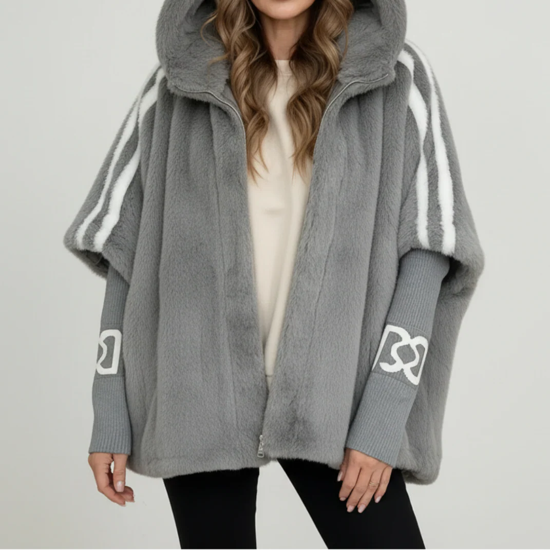 Oversized vinterjakke i blød kunstpels til kvinder med kontrasterende strikærmer og høj krave – hyggelig teddyfrakke med lang pasform, lynlåslukning og afslappet pasform til afslappet streetwear og lag-på-lag i efteråret og vinteren