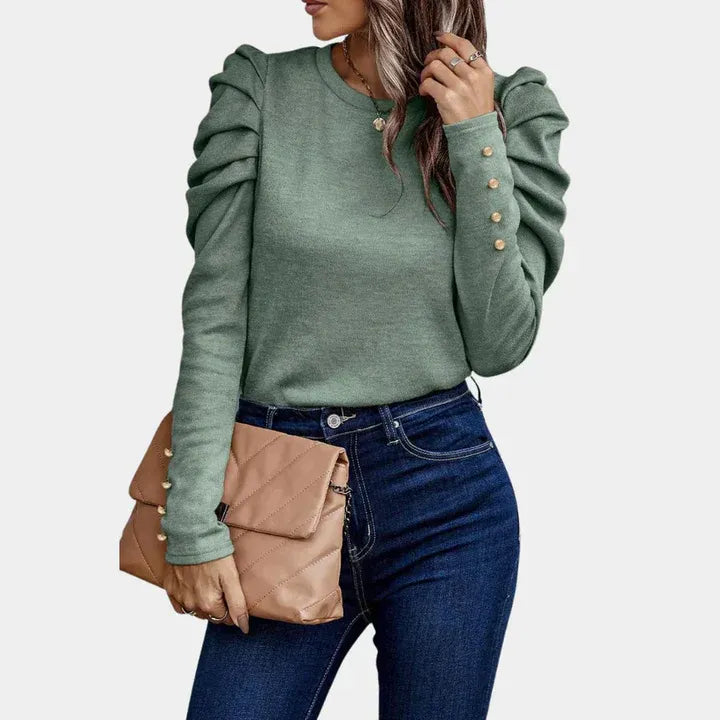 Women’s Puff-Sleeve Sweater – Slim-Fit Crew-Neck Knit Top with Gathered Shoulders for Smart Casual Wear