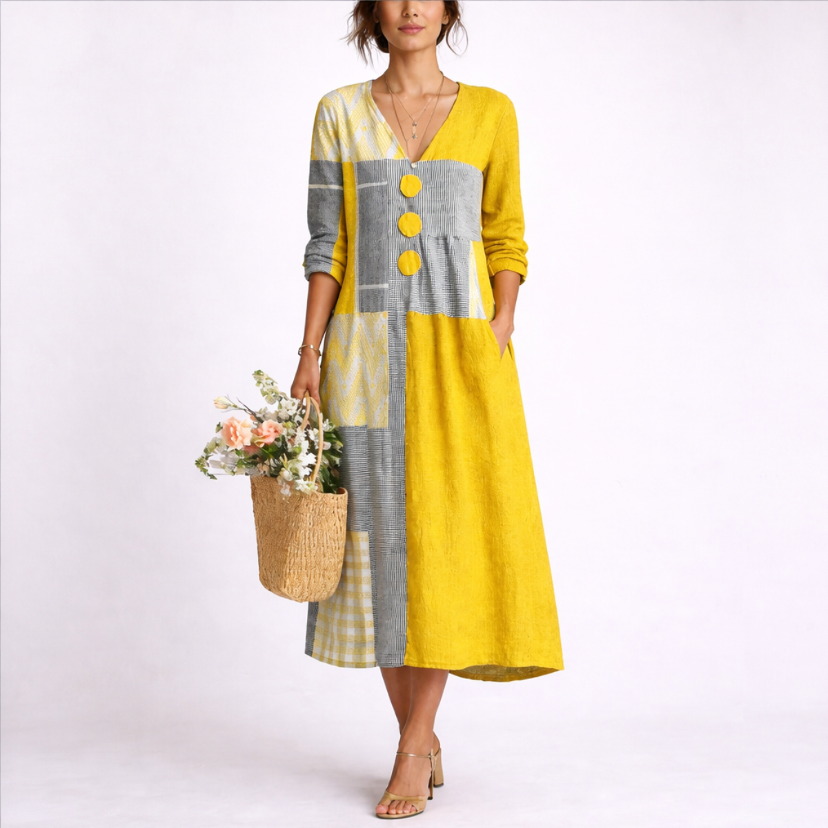 Kvinders patchwork midi-kjole med knapdetalje og afslappet pasform