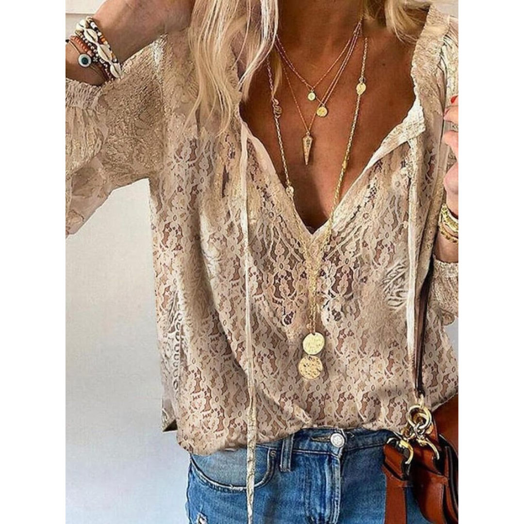 Boho-bluse i blonde til kvinder – afslappet sommerbluse med lange ærmer til ferier og hverdagsbrug