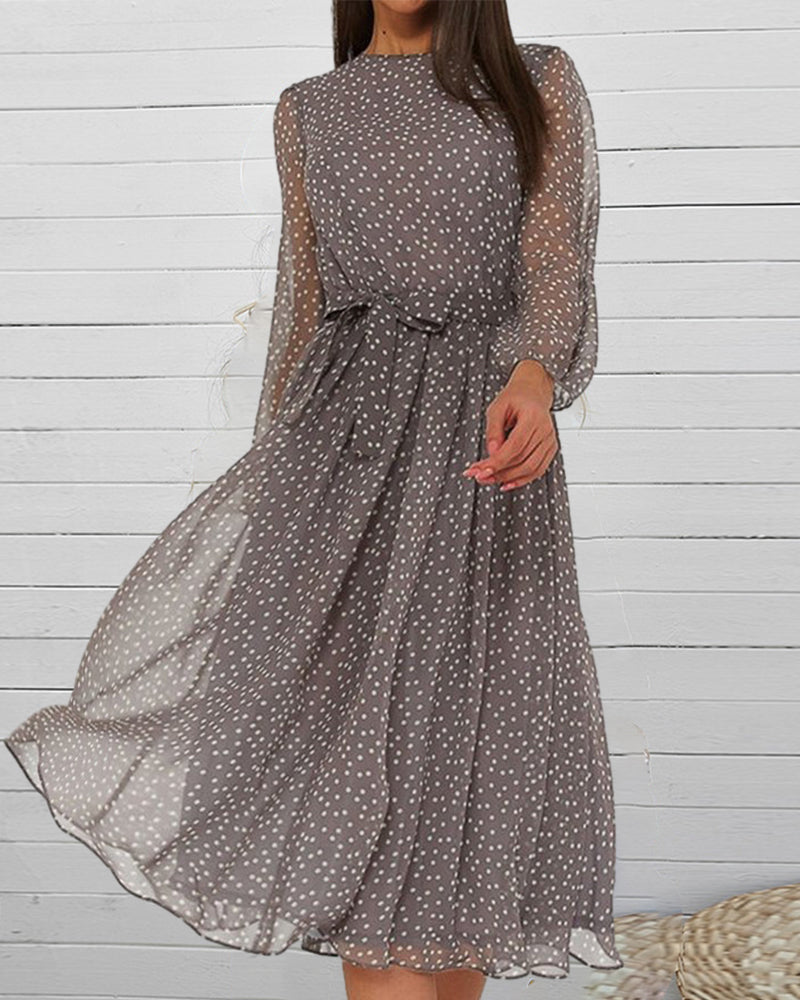 Abito donna largo a pois, lunghezza al ginocchio, linea a trapezio, maniche lunghe, elegante e casual per tutti i giorni