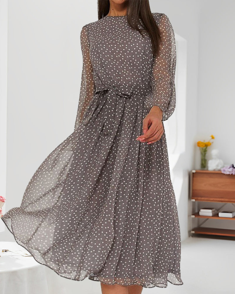 Abito donna largo a pois, lunghezza al ginocchio, linea a trapezio, maniche lunghe, elegante e casual per tutti i giorni