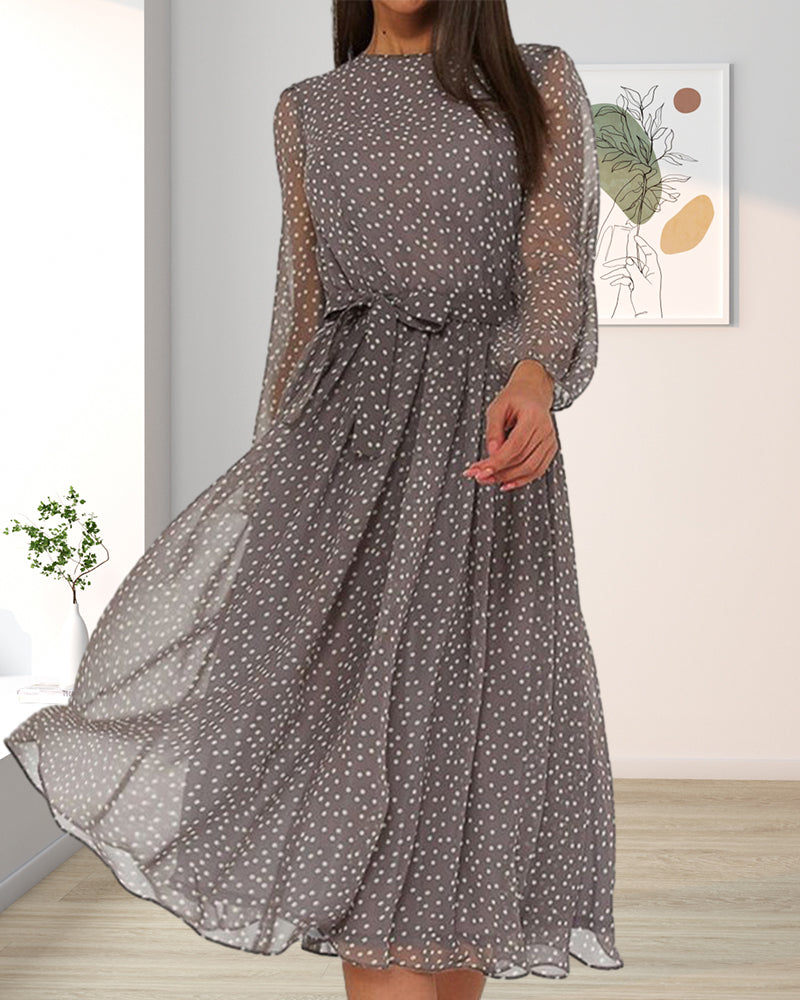 Abito donna largo a pois, lunghezza al ginocchio, linea a trapezio, maniche lunghe, elegante e casual per tutti i giorni