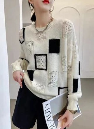 Women’s Openwork Patchwork Knit Sweater – Relaxed Crew-Neck Pullover with Mixed Textures