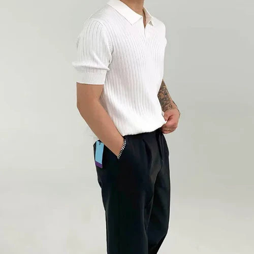 Men’s Ribbed Cotton Polo Shirt Short Sleeve Breathable Mesh Casual Summer Workwear Top