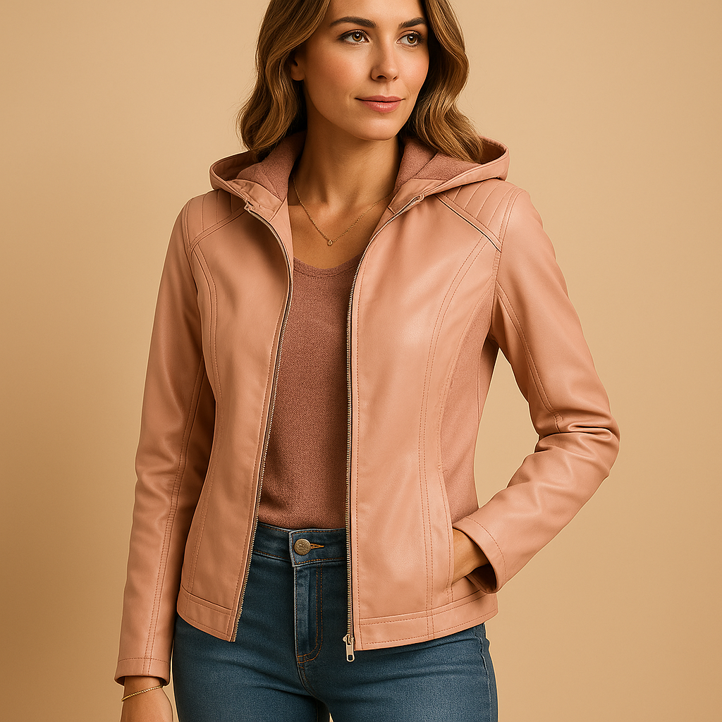 Women’s Hooded Leather-Look Jacket with Detachable Hood and Zip Front – Regular Fit Short Layer for Spring and Autumn Outfits