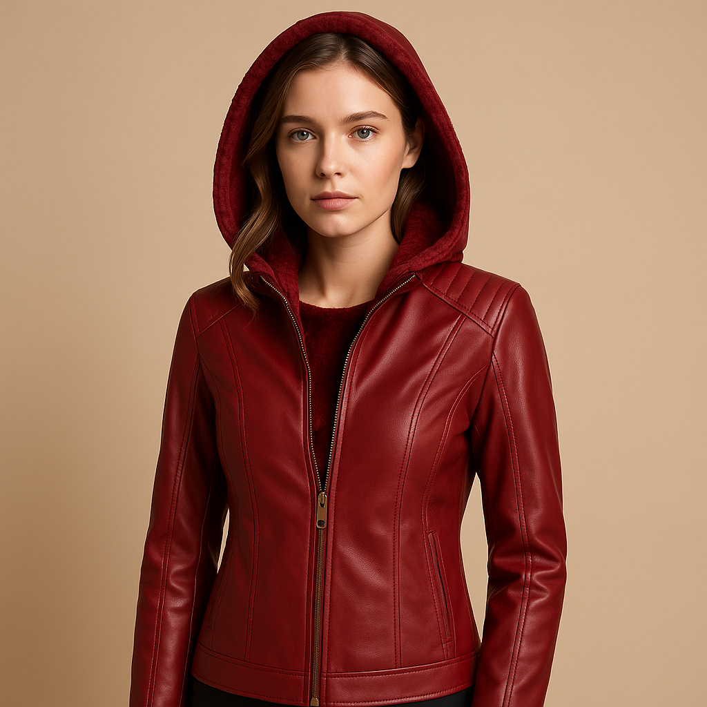Women’s Hooded Leather-Look Jacket with Detachable Hood and Zip Front – Regular Fit Short Layer for Spring and Autumn Outfits