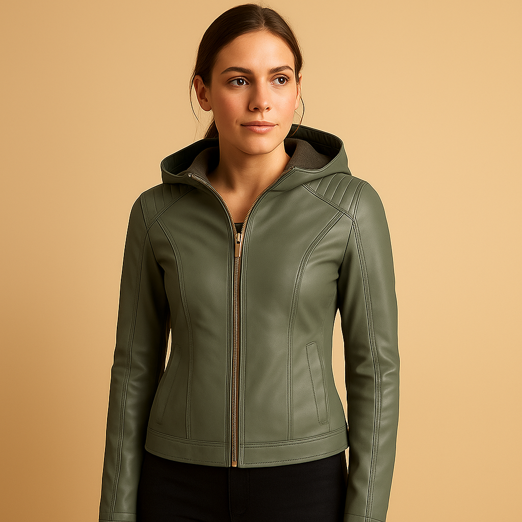 Women’s Hooded Leather-Look Jacket with Detachable Hood and Zip Front – Regular Fit Short Layer for Spring and Autumn Outfits