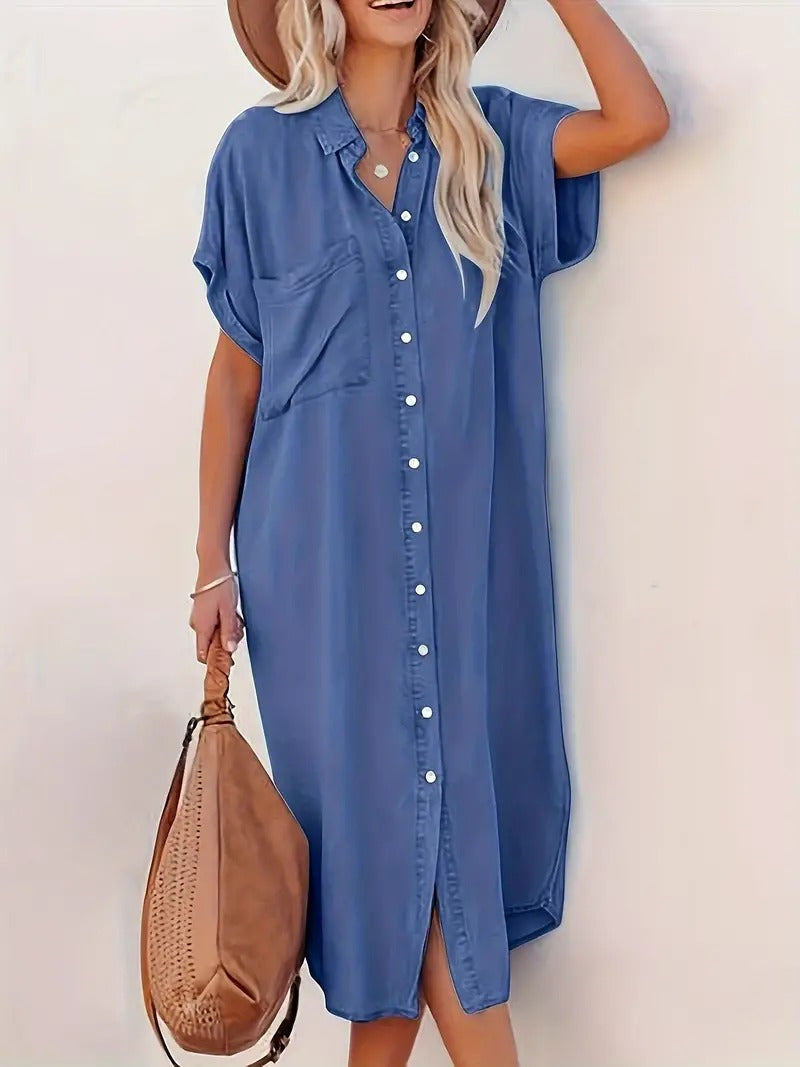 Women’s Shirt Dress with Button Front Side Slits Pockets Comfortable Casual Elegant Everyday Dress
