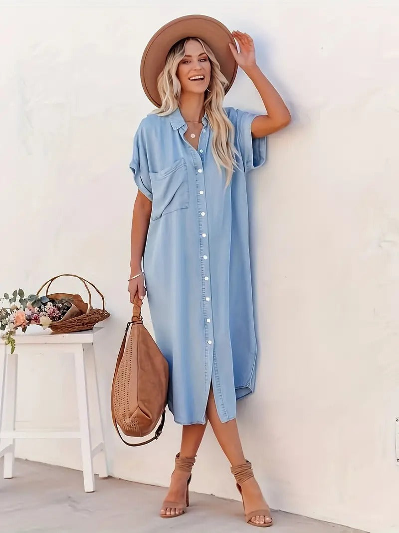 Women’s Shirt Dress with Button Front Side Slits Pockets Comfortable Casual Elegant Everyday Dress