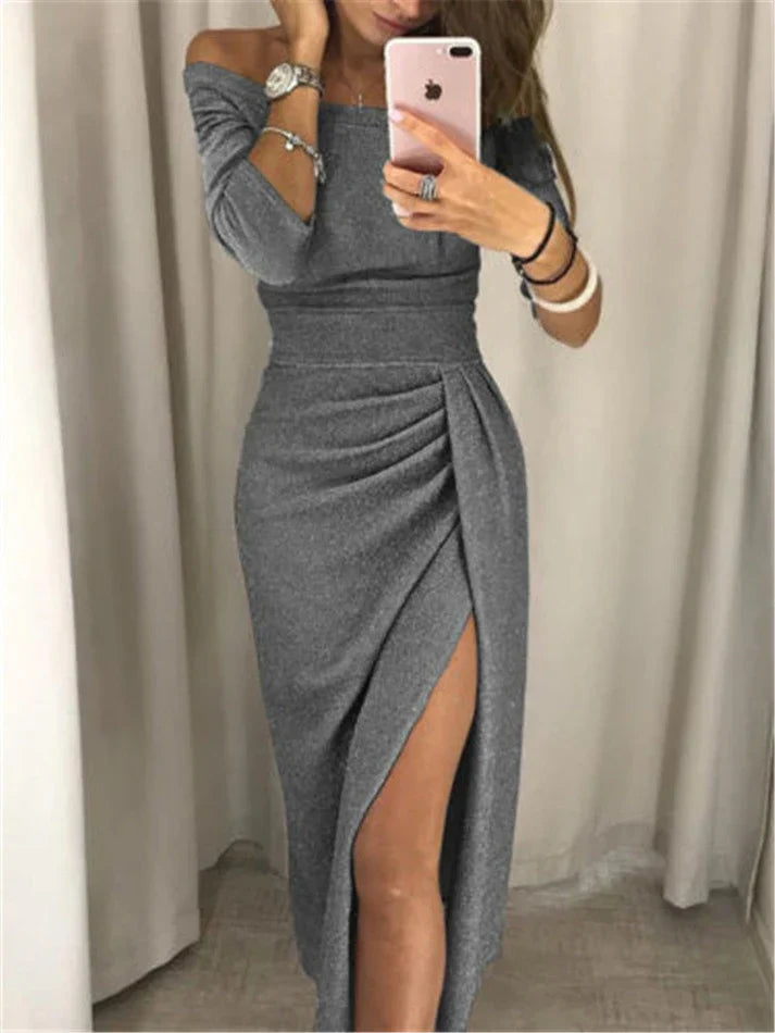 Women’s Glitter Long-Sleeve Maxi Dress – Ruched High-Slit Evening Gown for Parties Galas and Formal Events