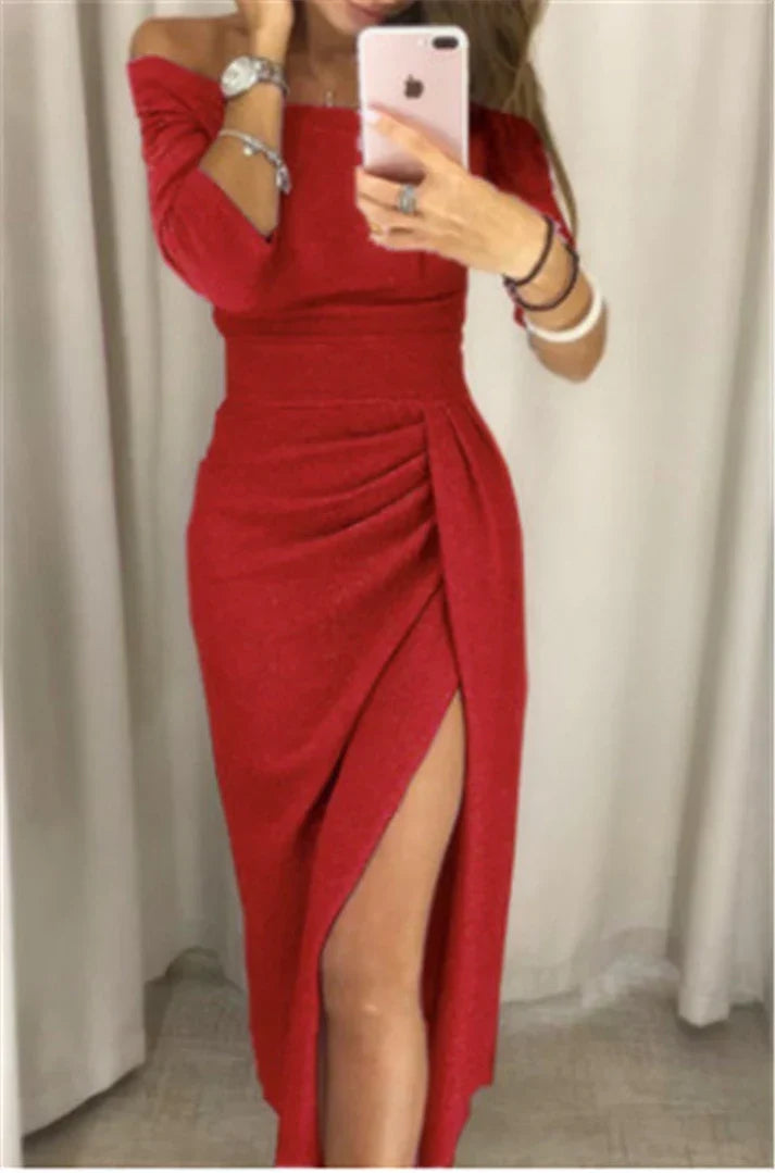 Women’s Glitter Long-Sleeve Maxi Dress – Ruched High-Slit Evening Gown for Parties Galas and Formal Events