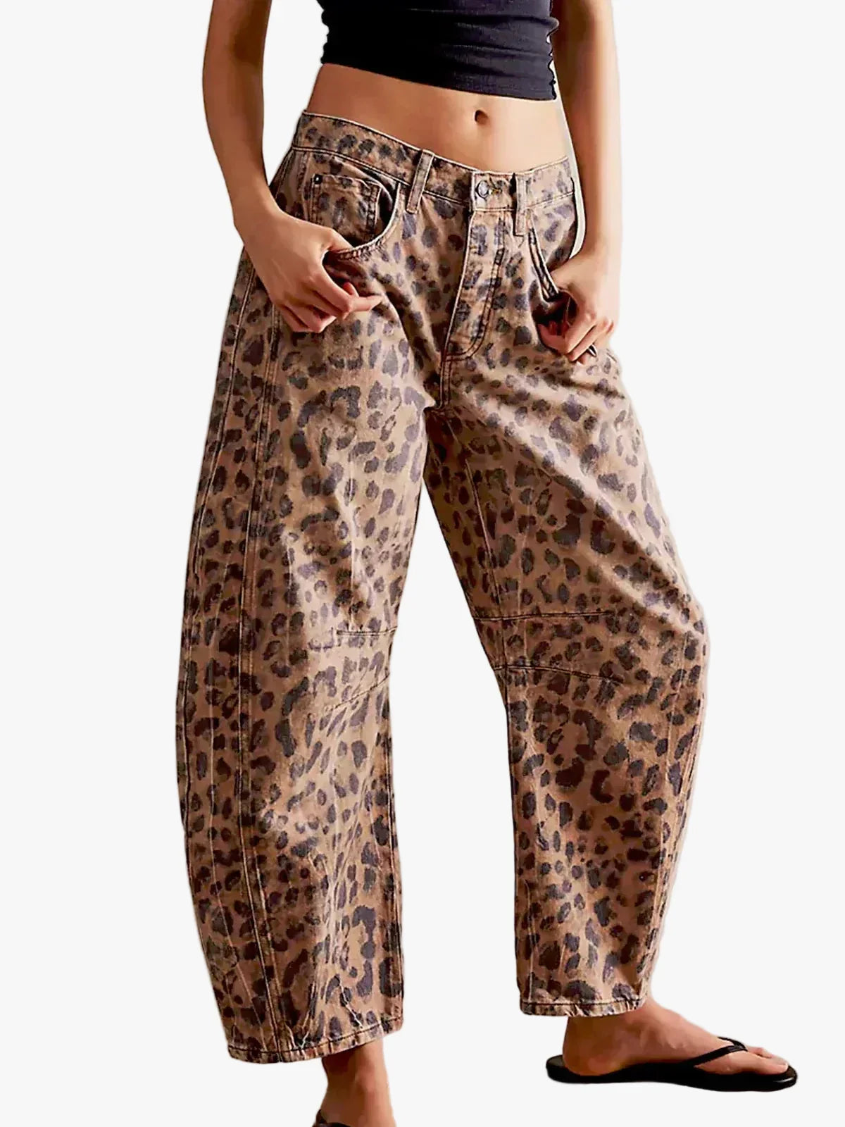 Vaqueros de pierna de barril con estampado animal para mujer - Pantalones vaqueros cortos de corte relajado con estampado de leopardo para looks urbanos informales de fin de semana, viajes, salidas informales y estilos cotidianos llamativos