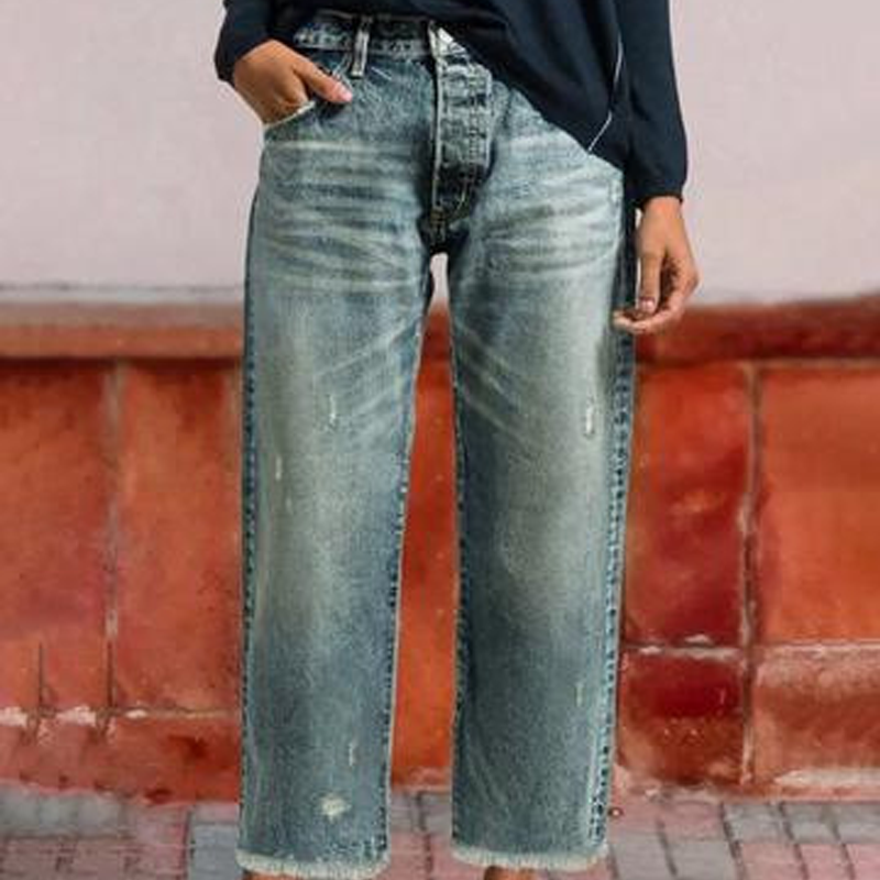 Vaqueros de pierna recta cropped para mujer - pantalones retro de tiro alto y lavado claro, con bajo deshilachado para primavera, verano, viajes de fin de semana y uso diario informal