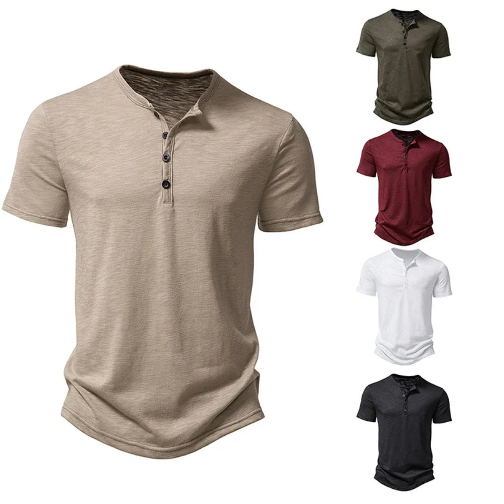 Pánské tričko Henley s knoflíkovým límcem, ležérní, úzký střih, pohodlné, každodenní, s krátkým rukávem