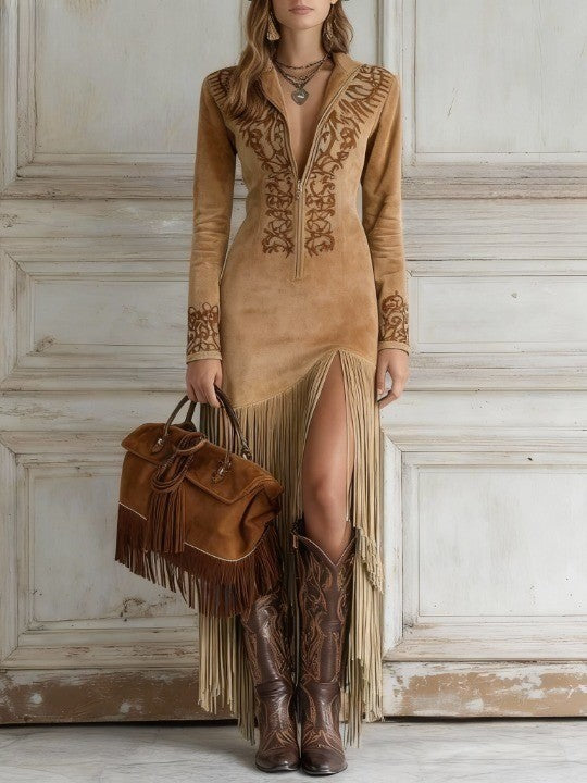 Women’s Fringed Maxi Dress – Western-Inspired Long-Sleeve Statement Dress for Festivals