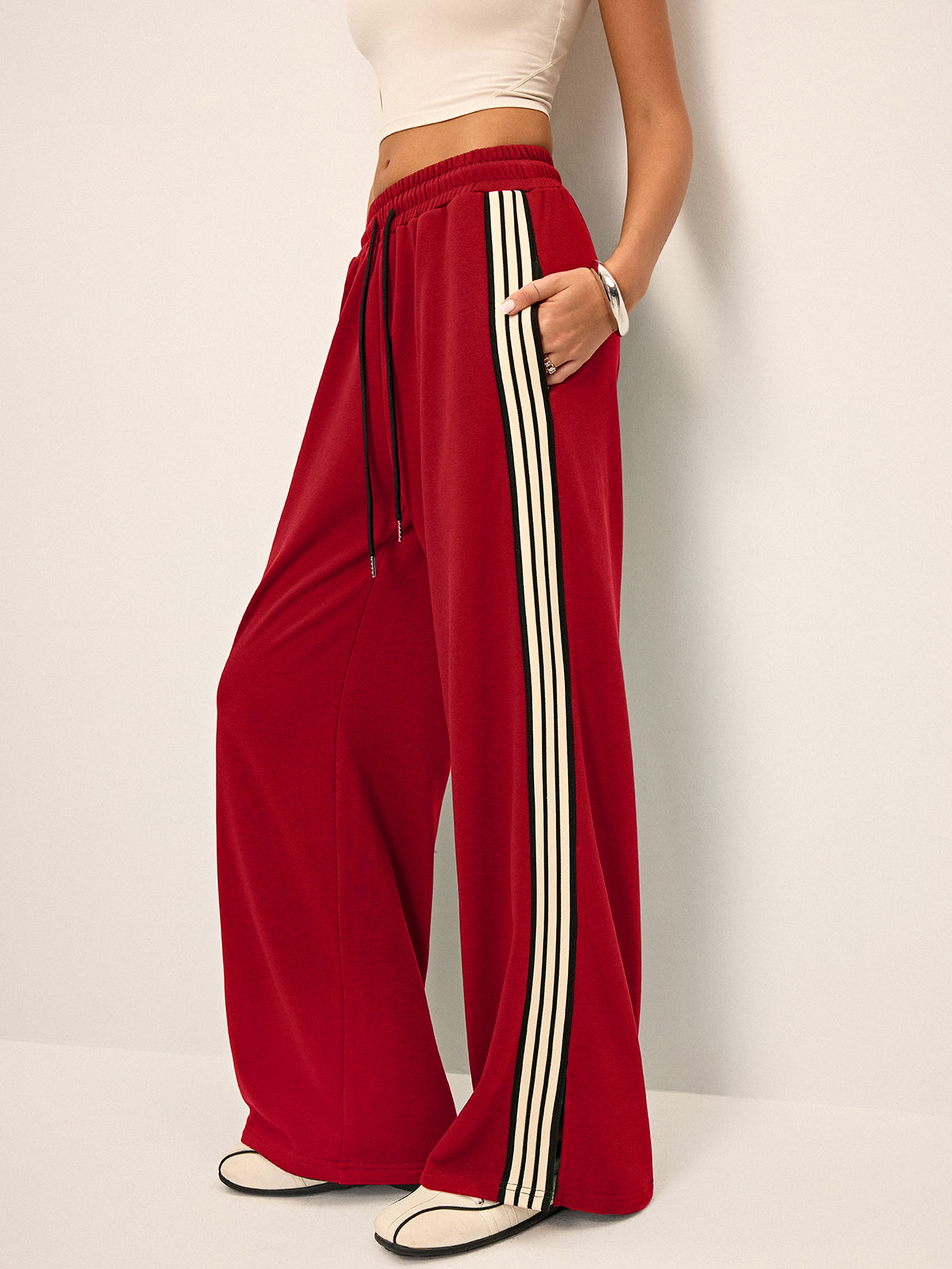 Pantalones casuales de pierna ancha para mujer con cordón y estilo lounge