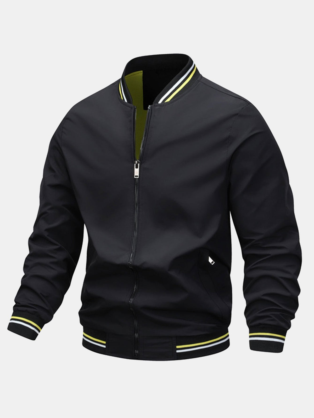 Men’s Lightweight Zip-Up Bomber Jacket with Striped Ribbed Trims – Regular Fit Casual Outerwear for Spring and Autumn