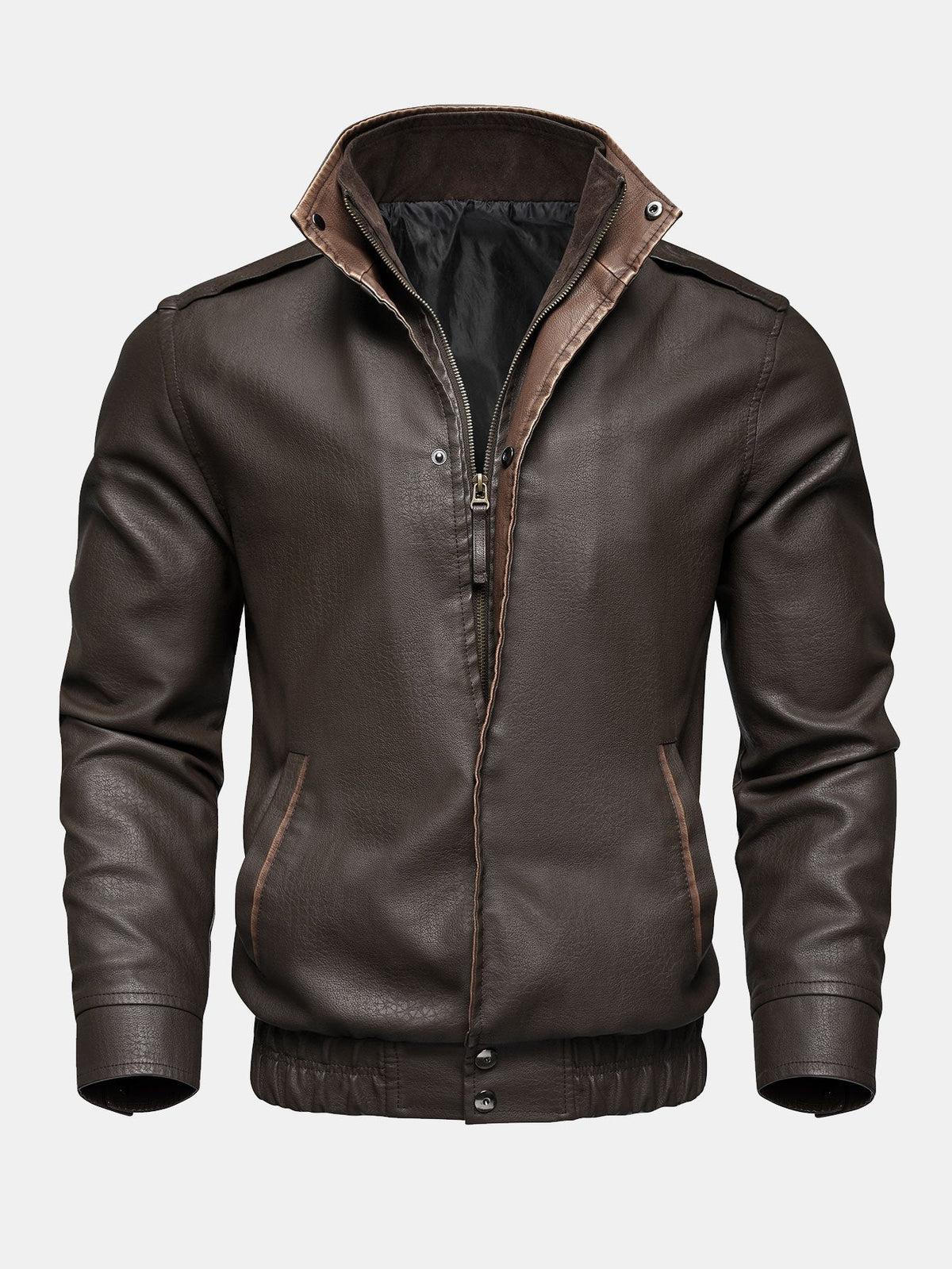 Casaco vintage de imitação de pele com fecho de correr e gola subida para homem – Corte regular, casaco casual inspirado nos motociclistas para o outono
