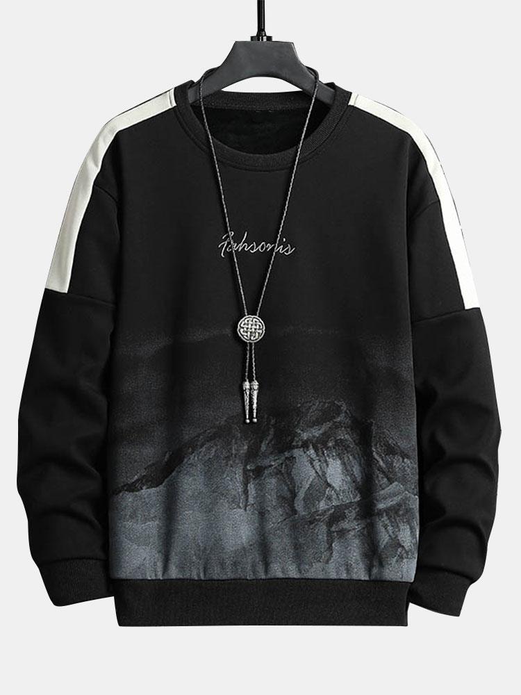 Sweatshirt masculino com estampa gráfica de montanha e riscas contrastantes nas mangas – Corte descontraído, gola redonda, estilo casual urbano, para o outono e o inverno