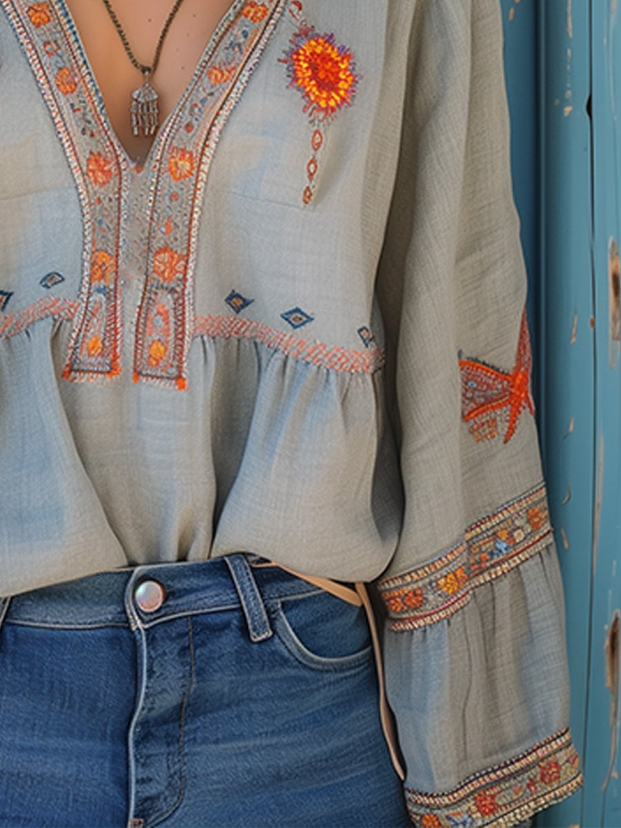 Women’s Artisan-Inspired Summer Blouse – Relaxed V-Neck Top with Embroidered Detail