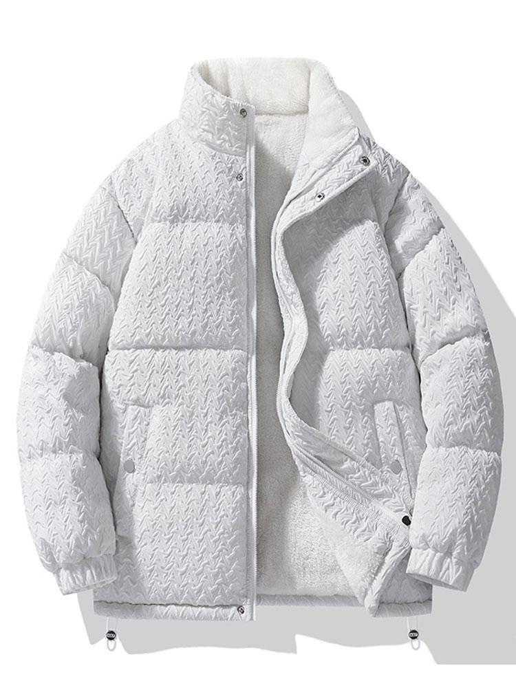Herren-Pufferjacke aus strukturiertem Jacquard mit Teddyfleece-Futter – Warme Winterjacke mit Stehkragen