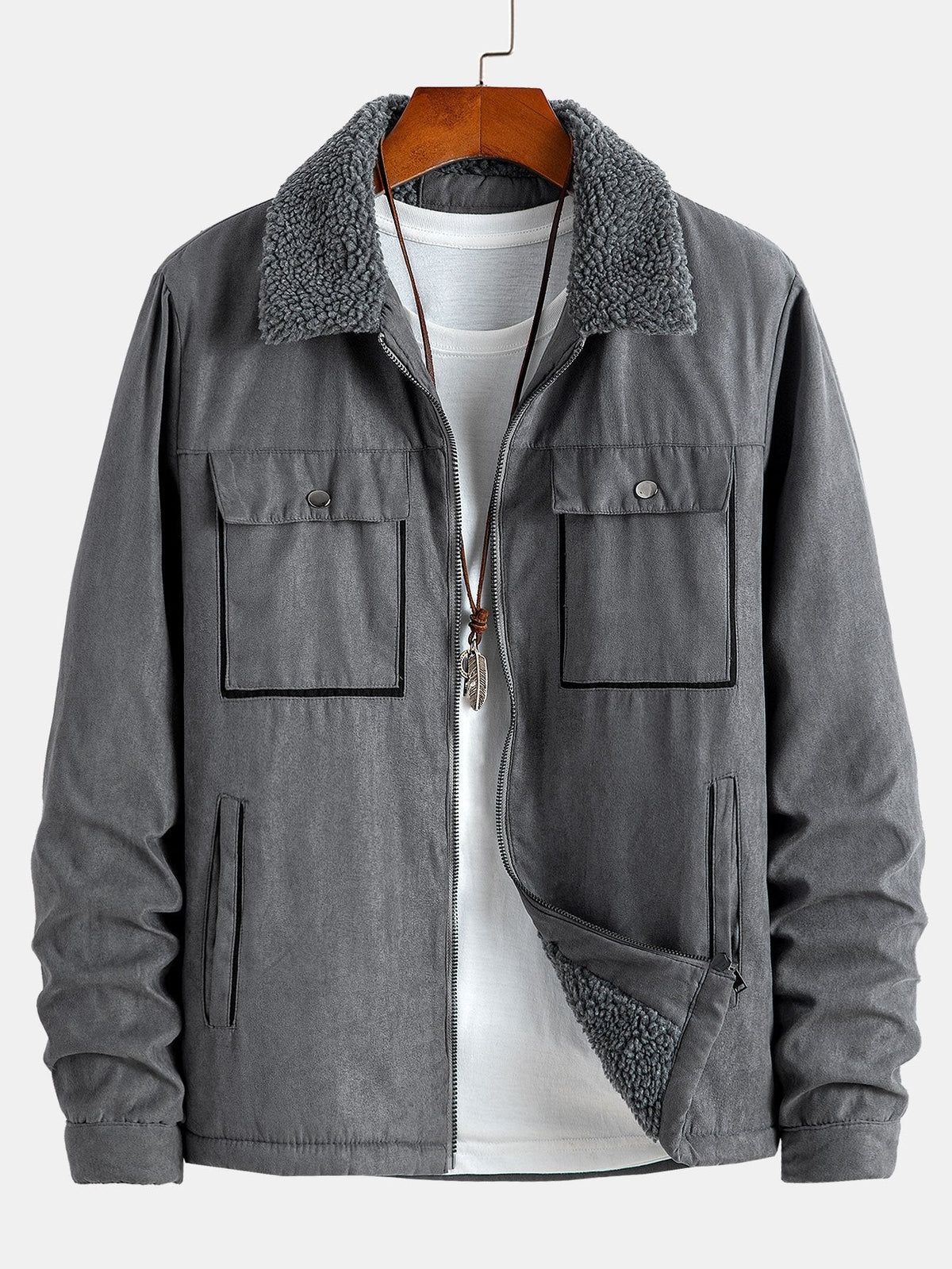 Herrenjacke aus Kunstwildleder mit Teddyfutter – Warme Winterjacke mit Reißverschluss, Borg-Kragen und praktischen Taschen