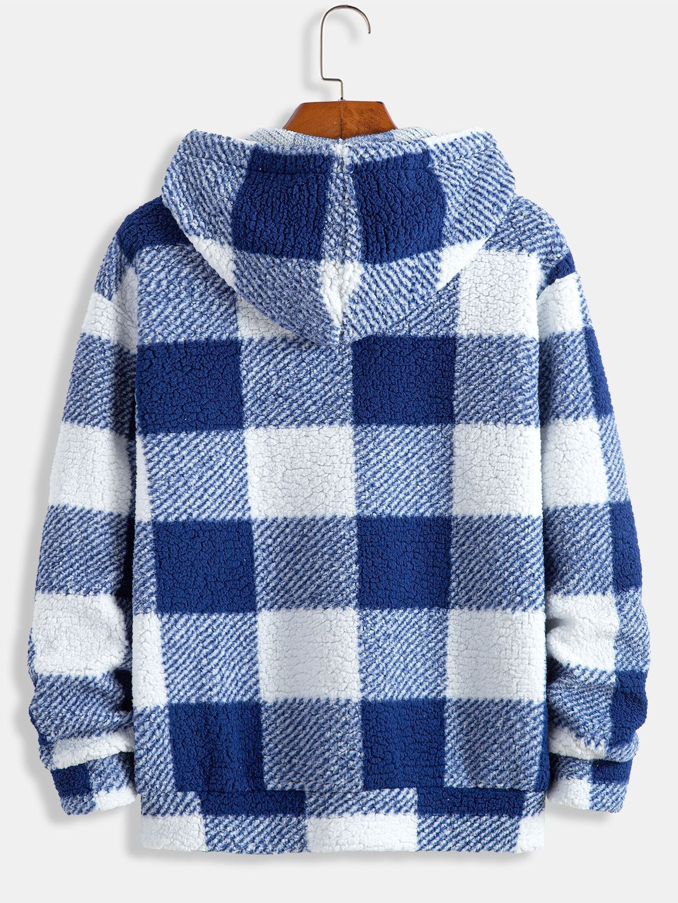 Men’s Checked Teddy Fleece Tracksuit – Hooded Two-Piece Set with Straight-Leg Trousers