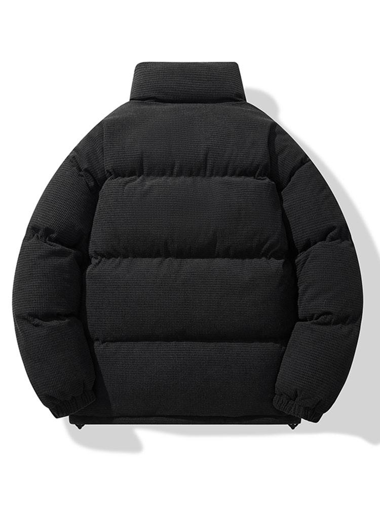 Herenjas van corduroy met pufferdesign – Warme gewatteerde winterjas met hoge opstaande kraag en geborduurd detail op de borst