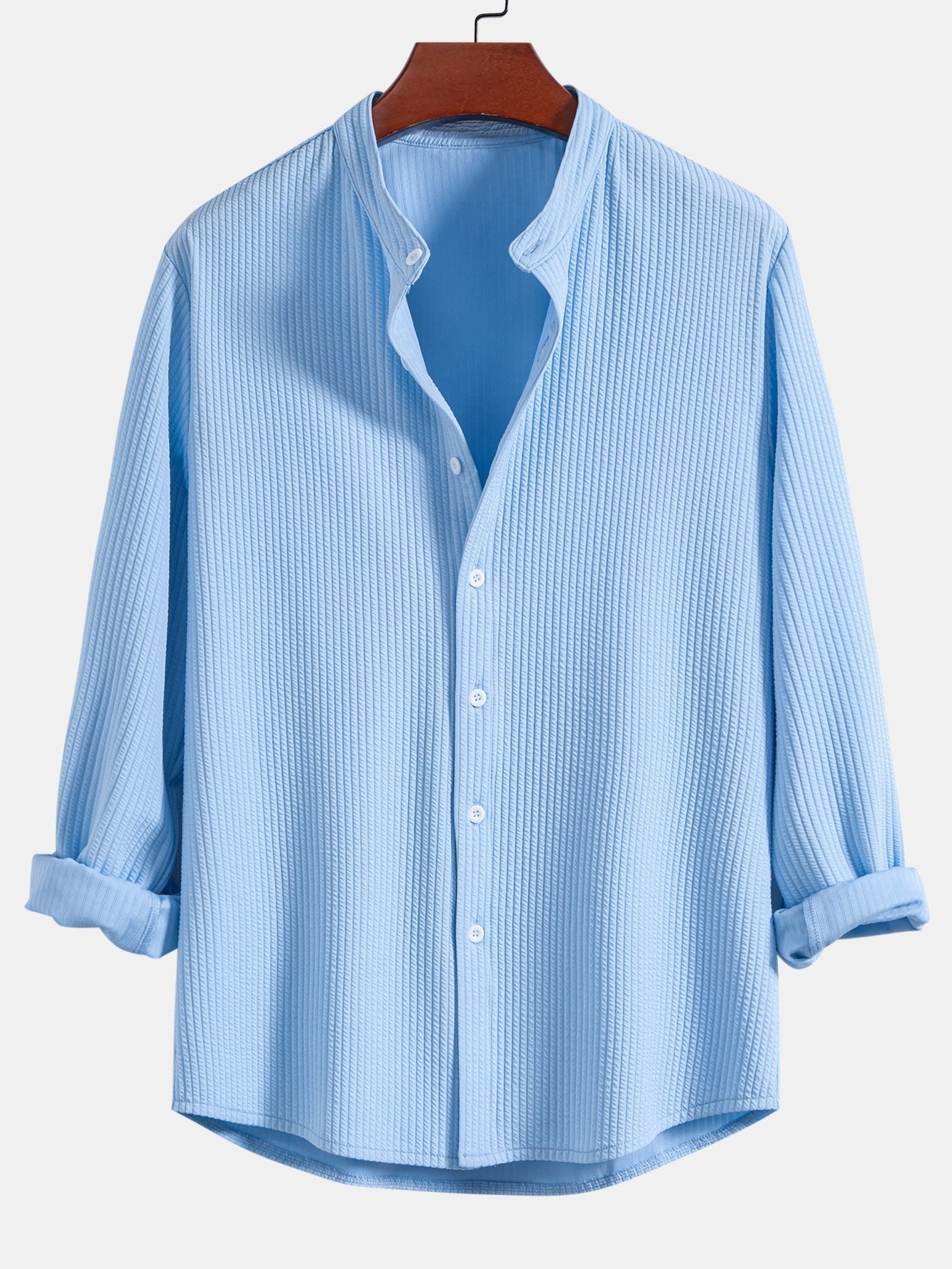 Men’s Ribbed Stand Collar Shirt and Straight-Leg Trousers – Stretch Smart Casual Co-Ord